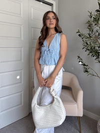 Sadie Tie-Front Gingham Peplum Top (Blue/White)