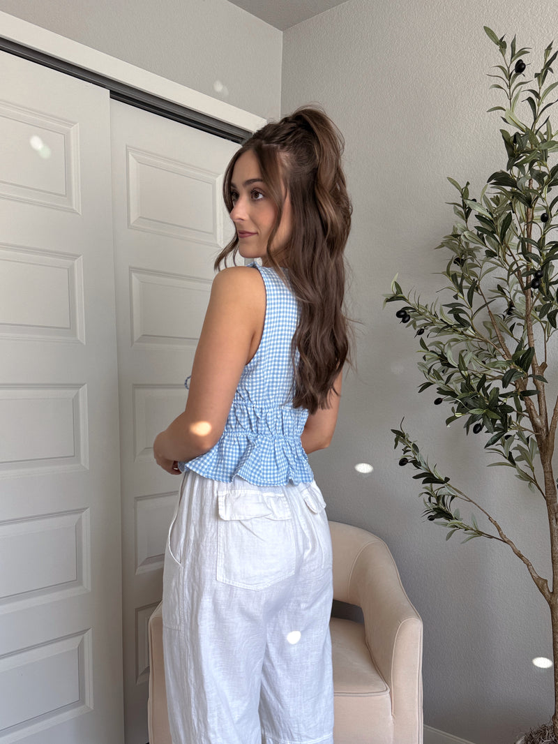 Sadie Tie-Front Gingham Peplum Top (Blue/White)