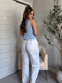 Sadie Tie-Front Gingham Peplum Top (Blue/White)