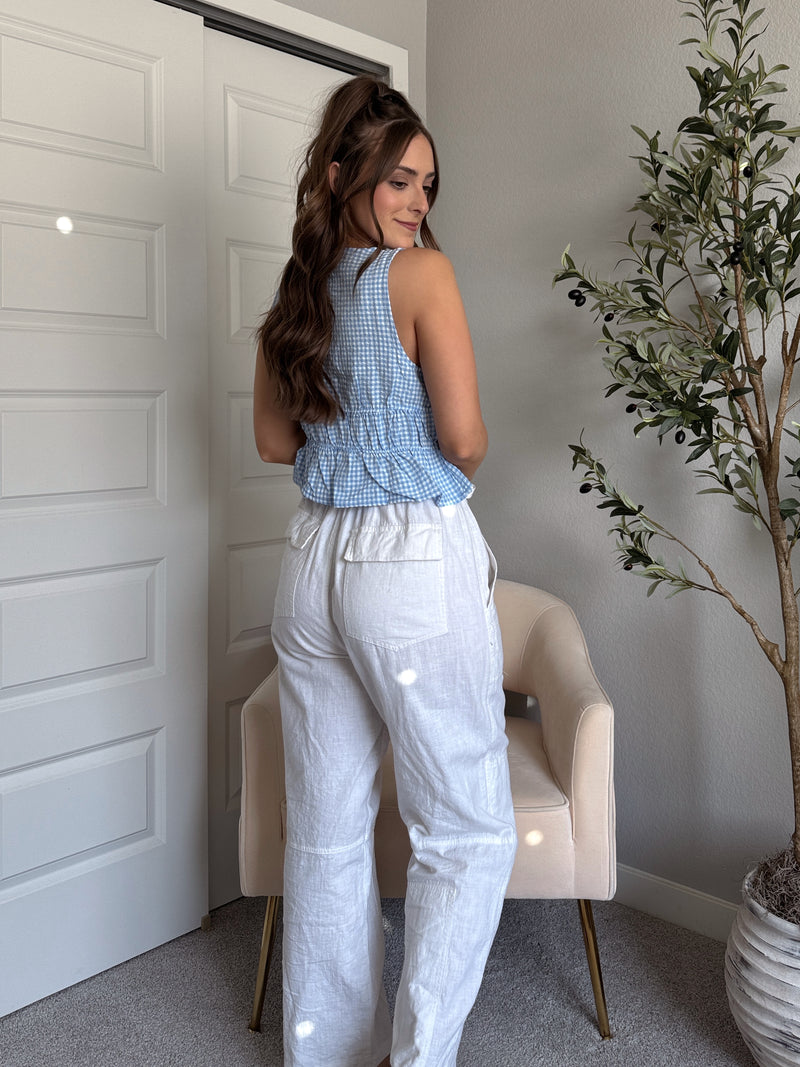 Sadie Tie-Front Gingham Peplum Top (Blue/White)