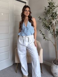 Sadie Tie-Front Gingham Peplum Top (Blue/White)