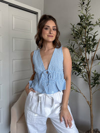 Sadie Tie-Front Gingham Peplum Top (Blue/White)