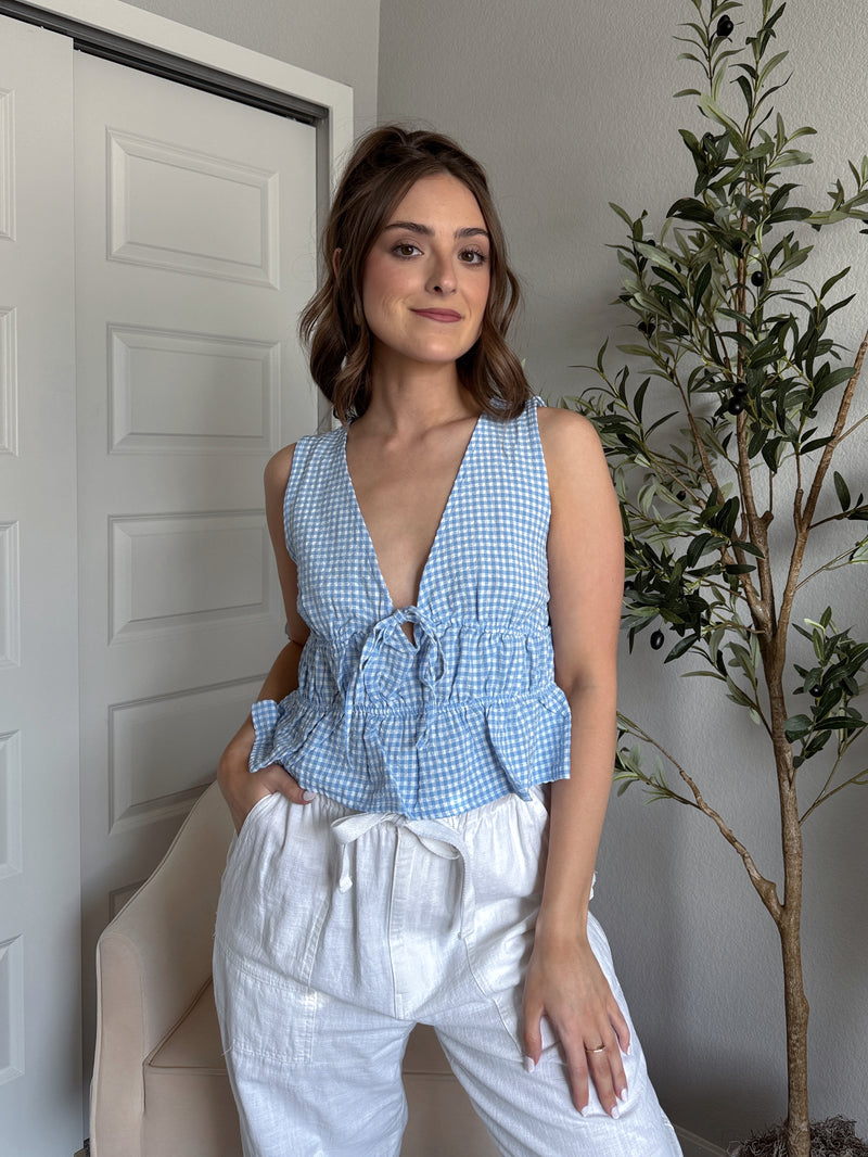 Sadie Tie-Front Gingham Peplum Top (Blue/White)