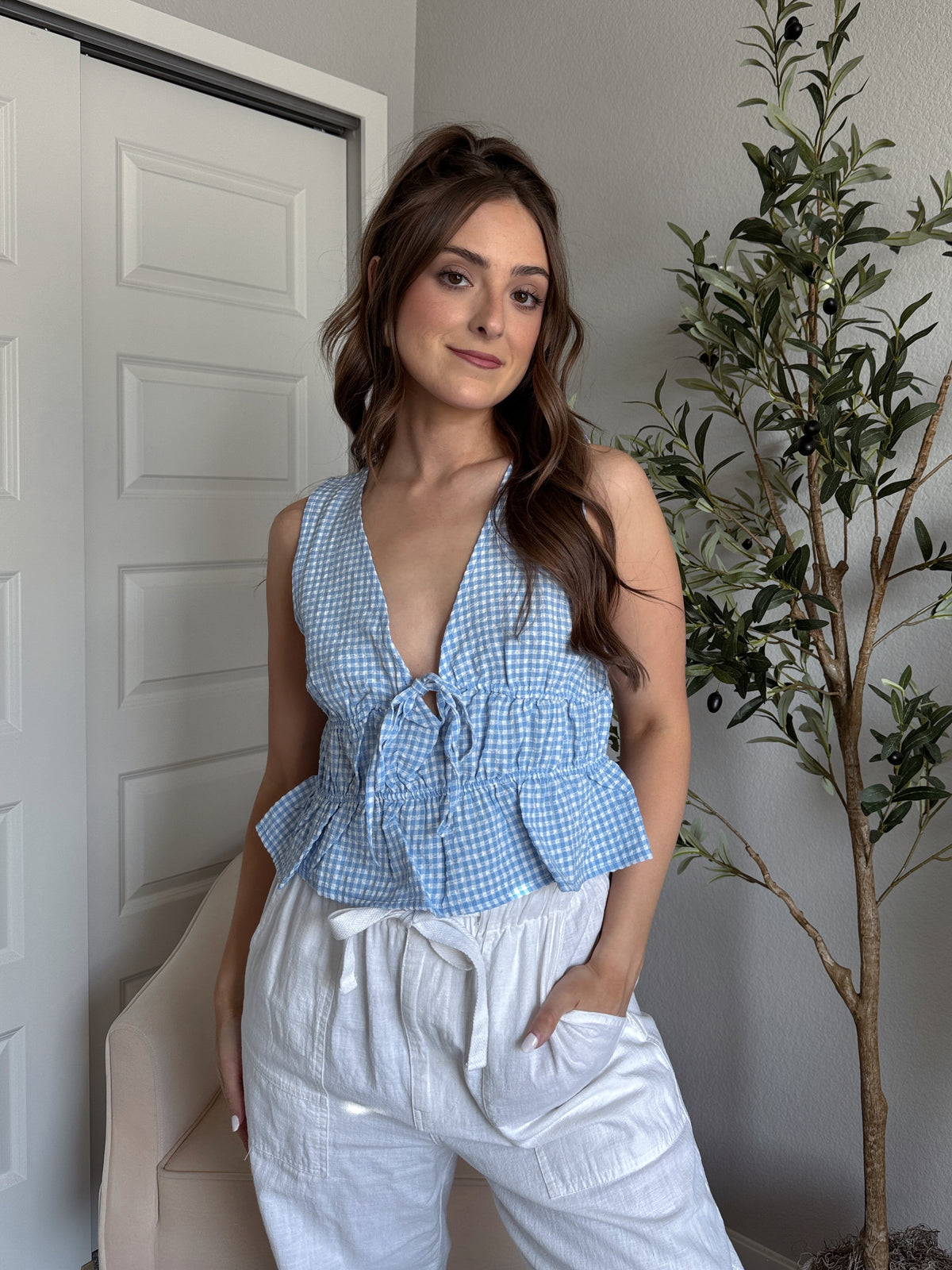 Sadie Tie-Front Gingham Peplum Top (Blue/White)