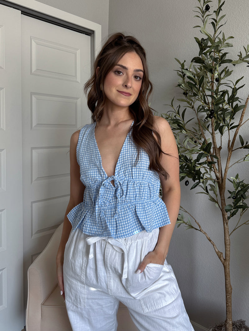 Sadie Tie-Front Gingham Peplum Top (Blue/White)