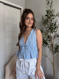 Sadie Tie-Front Gingham Peplum Top (Blue/White)