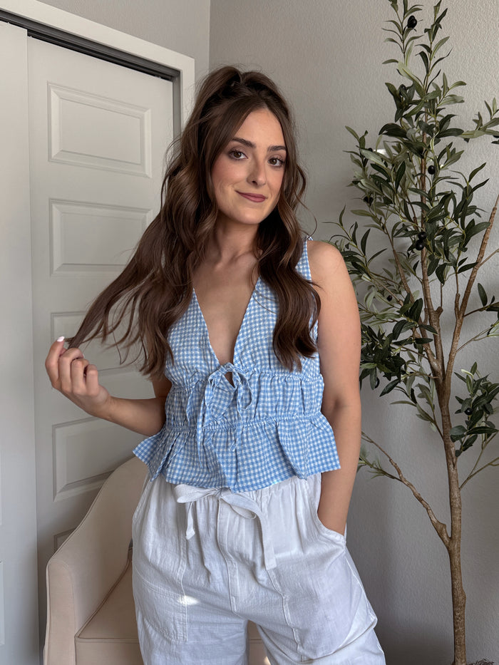 Sadie Tie-Front Gingham Peplum Top (Blue/White)