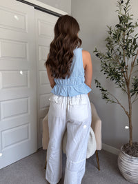 Sadie Tie-Front Gingham Peplum Top (Blue/White)
