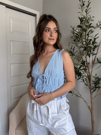 Sadie Tie-Front Gingham Peplum Top (Blue/White)