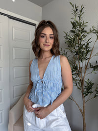 Sadie Tie-Front Gingham Peplum Top (Blue/White)