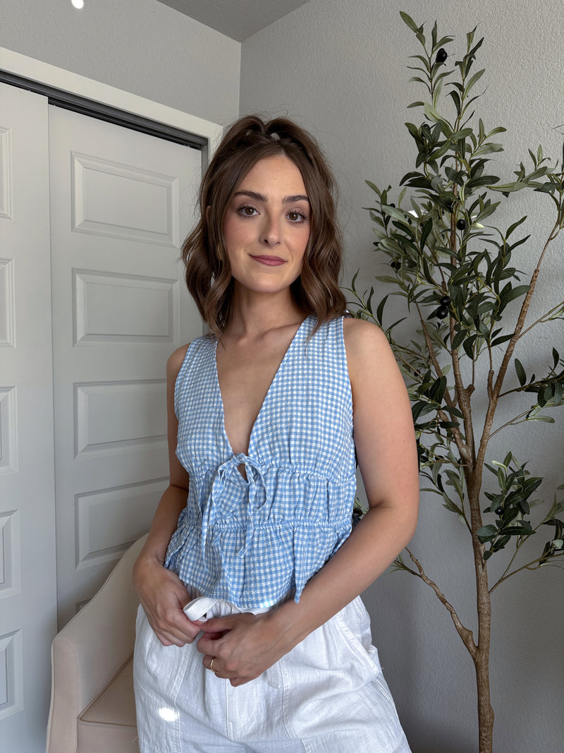Sadie Tie-Front Gingham Peplum Top (Blue/White)