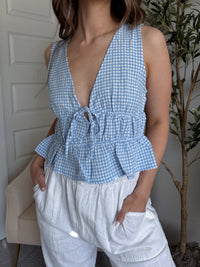 Sadie Tie-Front Gingham Peplum Top (Blue/White)