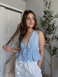 Sadie Tie-Front Gingham Peplum Top (Blue/White)