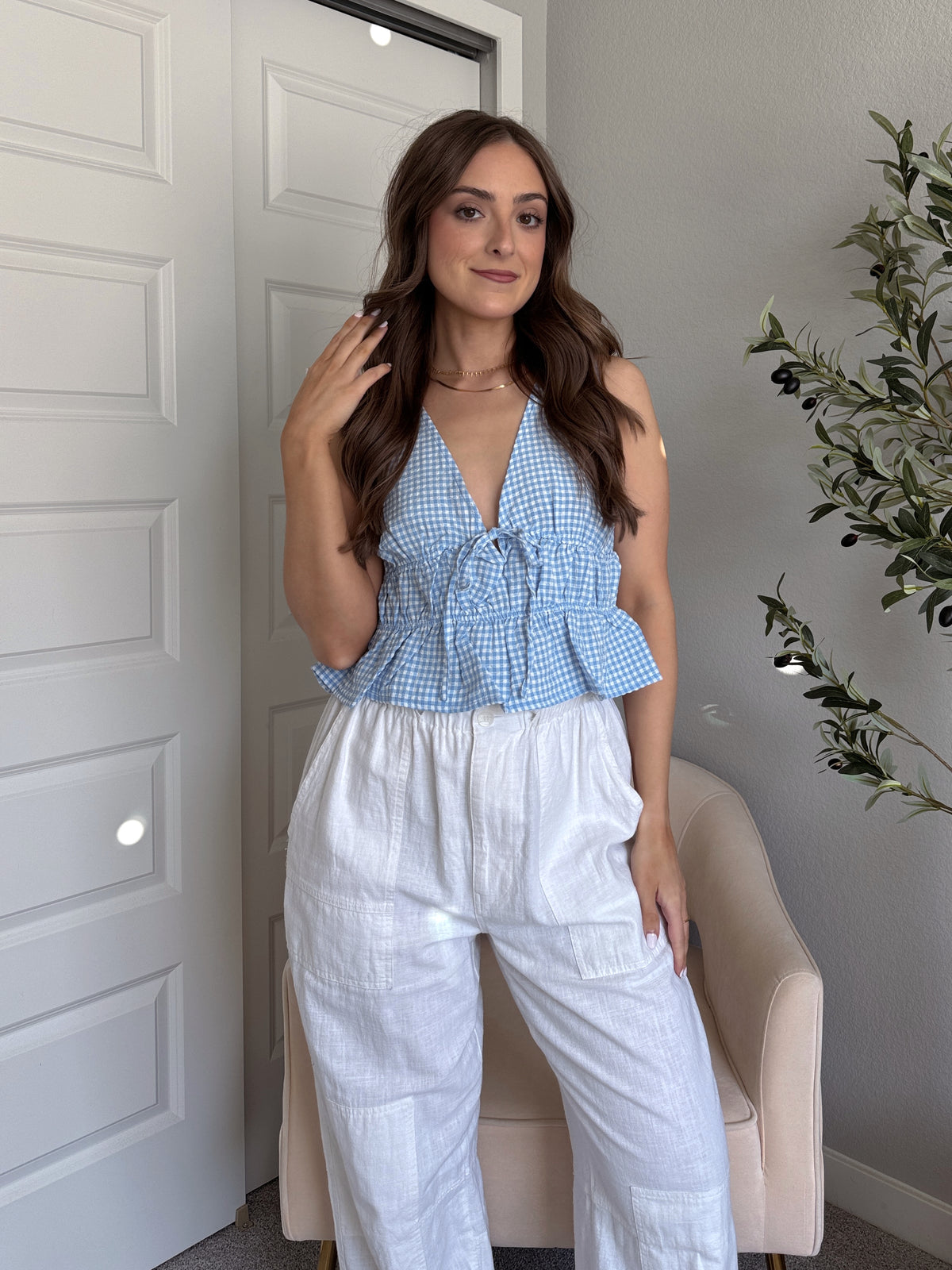 Sadie Tie-Front Gingham Peplum Top (Blue/White)