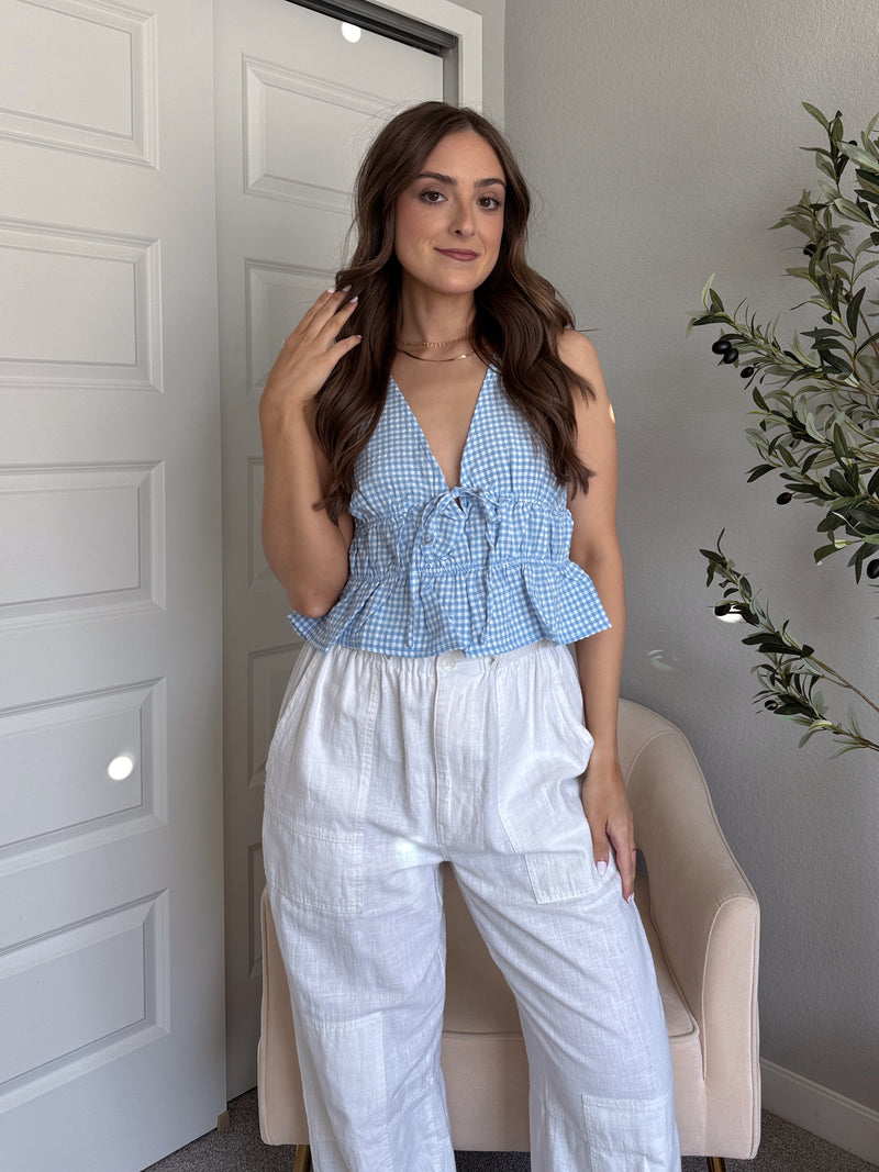 Sadie Tie-Front Gingham Peplum Top (Blue/White)
