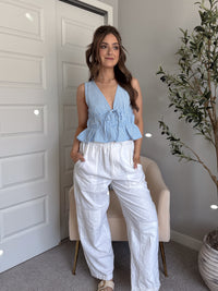Sadie Tie-Front Gingham Peplum Top (Blue/White)
