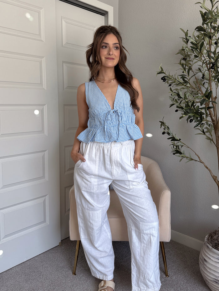 Sadie Tie-Front Gingham Peplum Top (Blue/White)