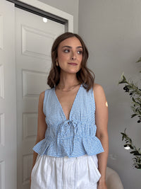 Sadie Tie-Front Gingham Peplum Top (Blue/White)
