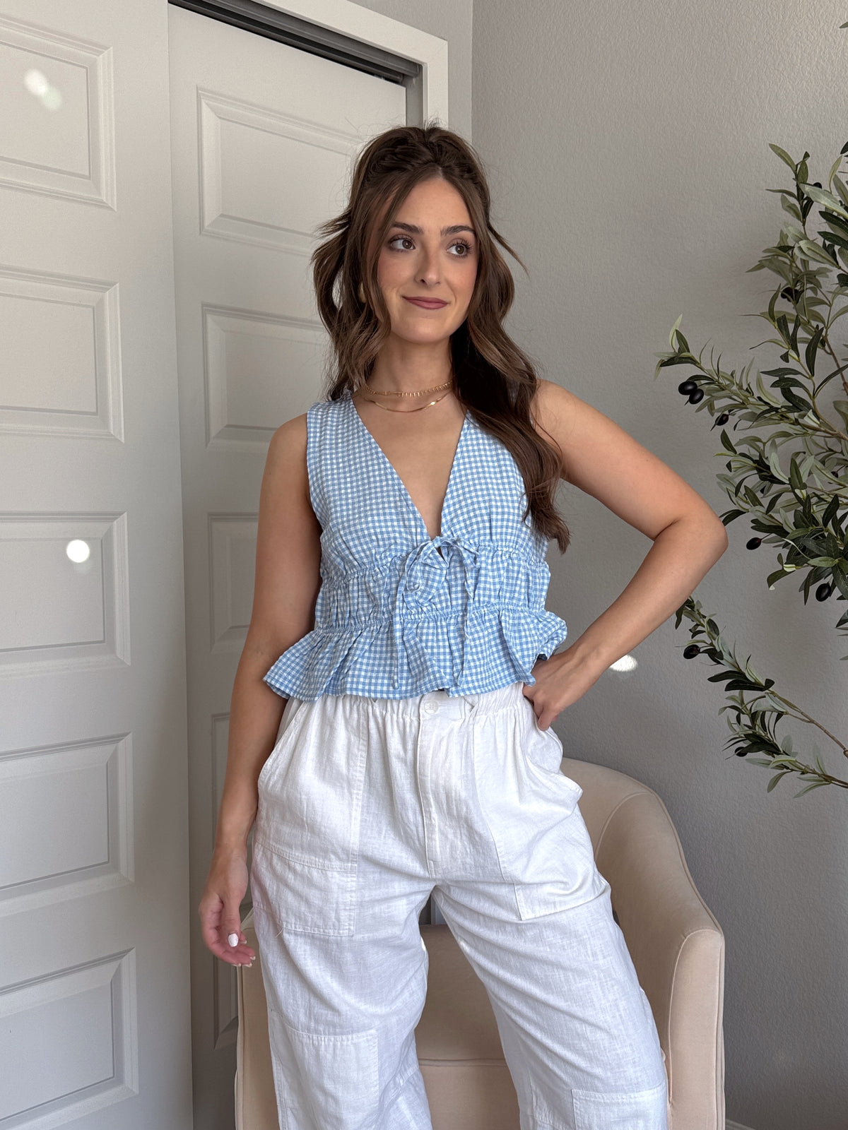 Sadie Tie-Front Gingham Peplum Top (Blue/White)