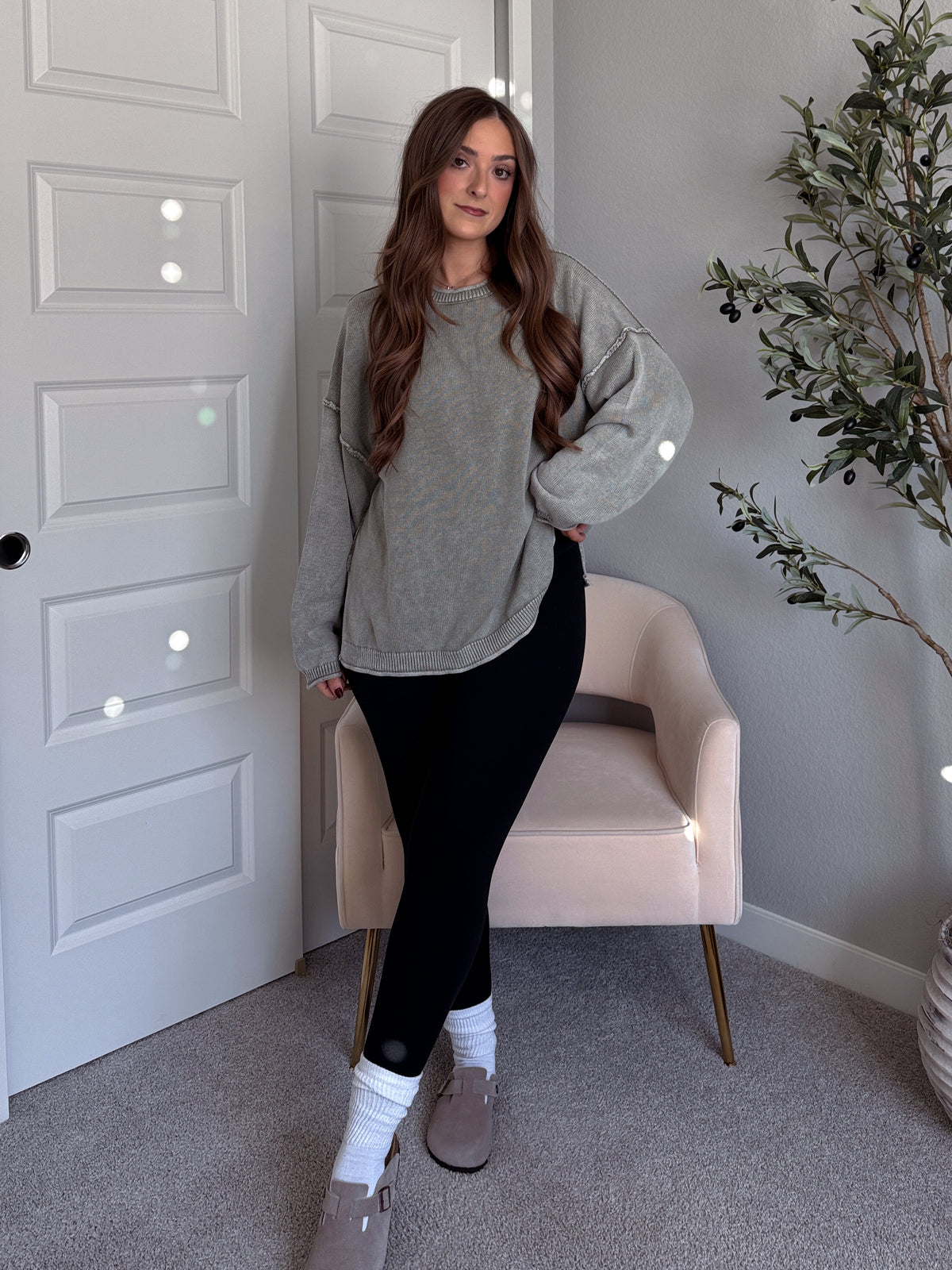 Sagebrush Washed Cotton Oversized Crew Neck Sweater (Sage)