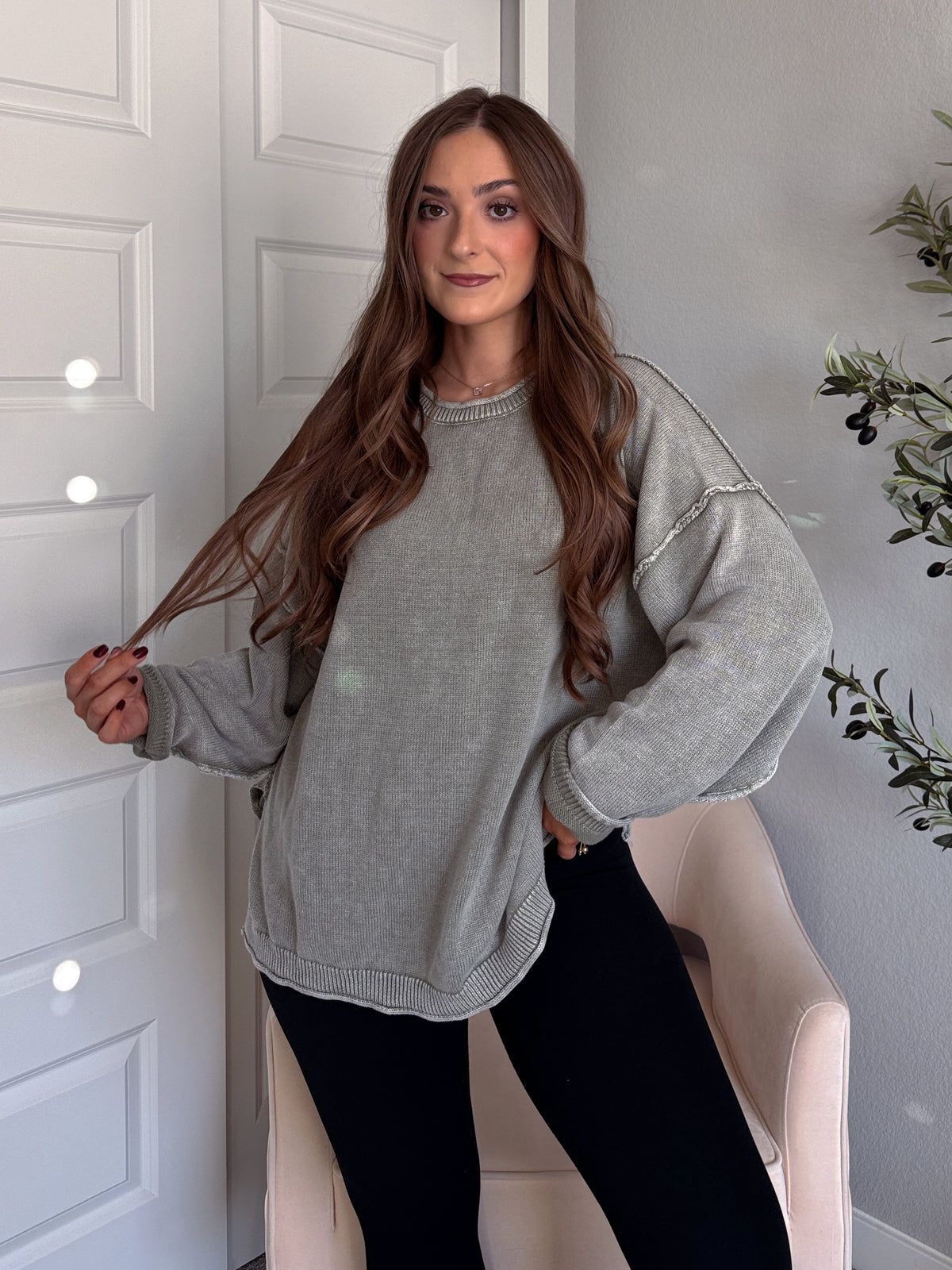 Sagebrush Washed Cotton Oversized Crew Neck Sweater (Sage)