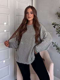 Sagebrush Washed Cotton Oversized Crew Neck Sweater (Sage)
