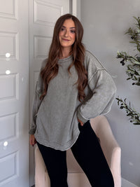 Sagebrush Washed Cotton Oversized Crew Neck Sweater (Sage)