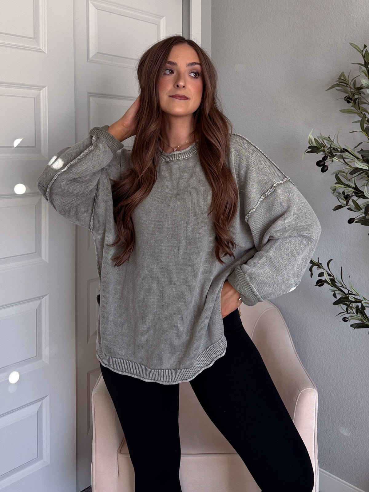 Sagebrush Washed Cotton Oversized Crew Neck Sweater (Sage)
