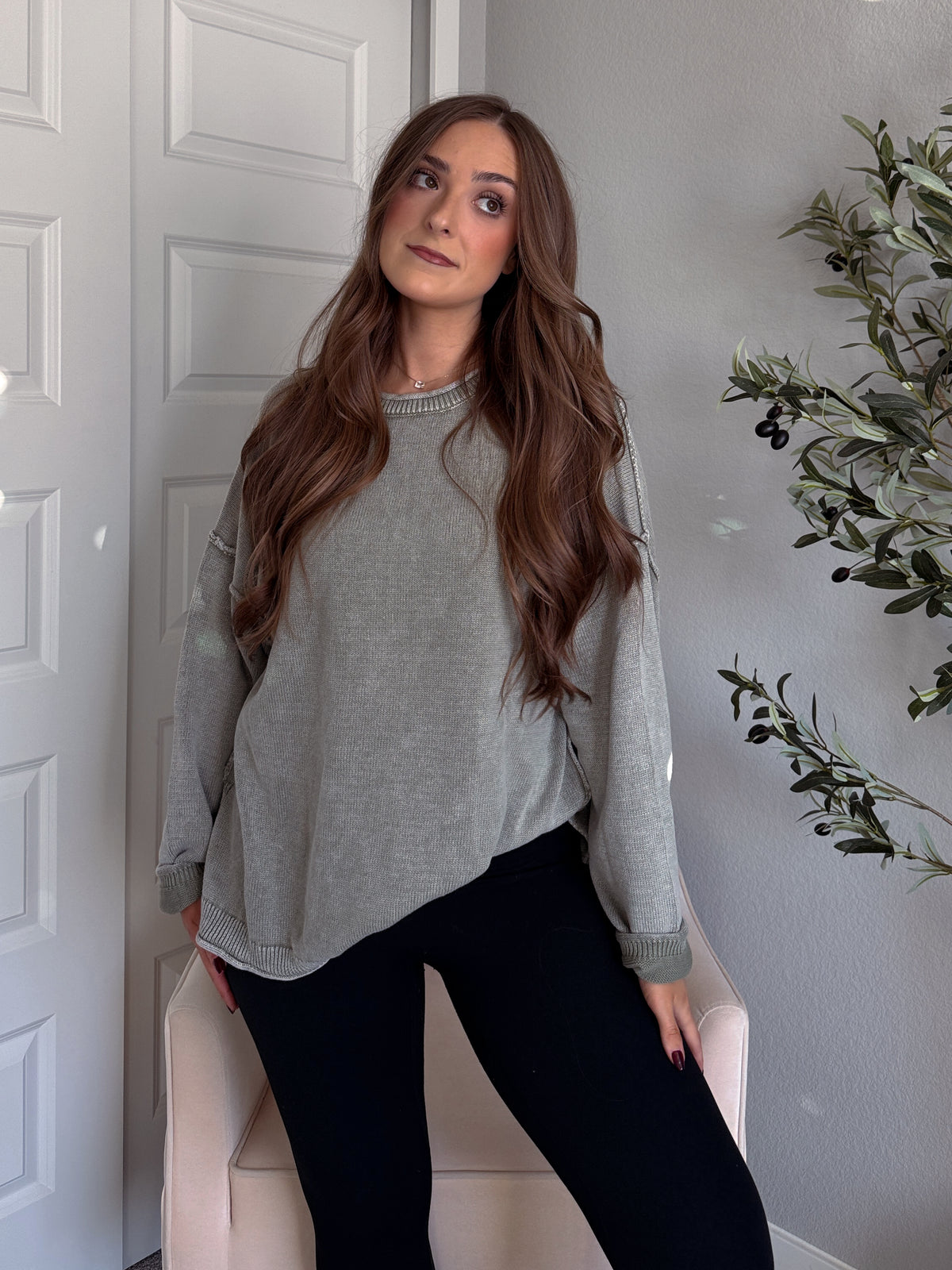 Sagebrush Washed Cotton Oversized Crew Neck Sweater (Sage)
