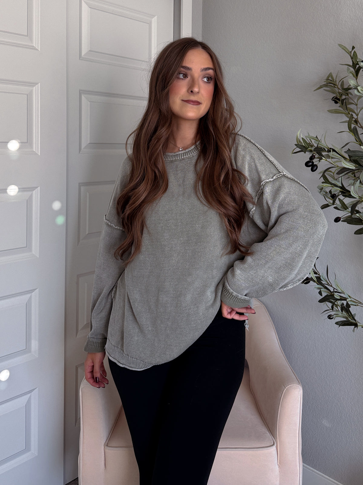 Sagebrush Washed Cotton Oversized Crew Neck Sweater (Sage)