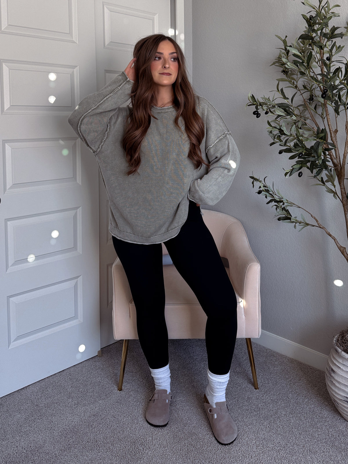 Sagebrush Washed Cotton Oversized Crew Neck Sweater (Sage)