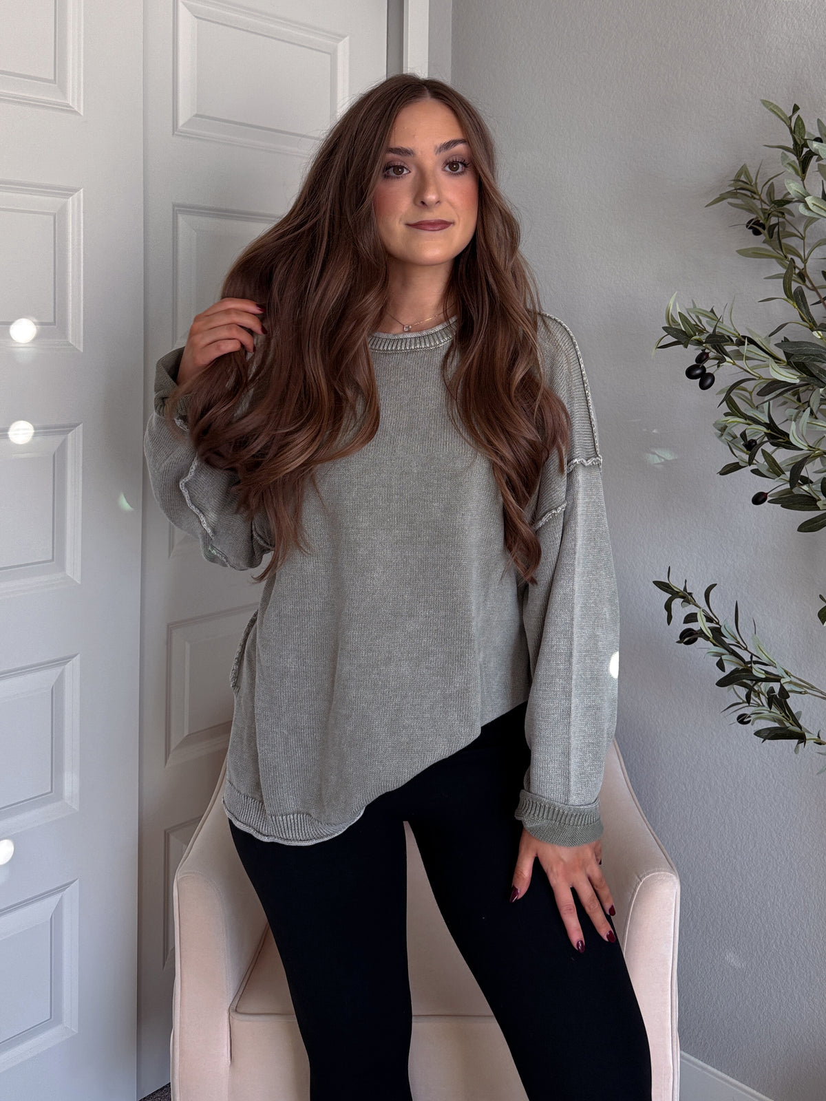 Sagebrush Washed Cotton Oversized Crew Neck Sweater (Sage)