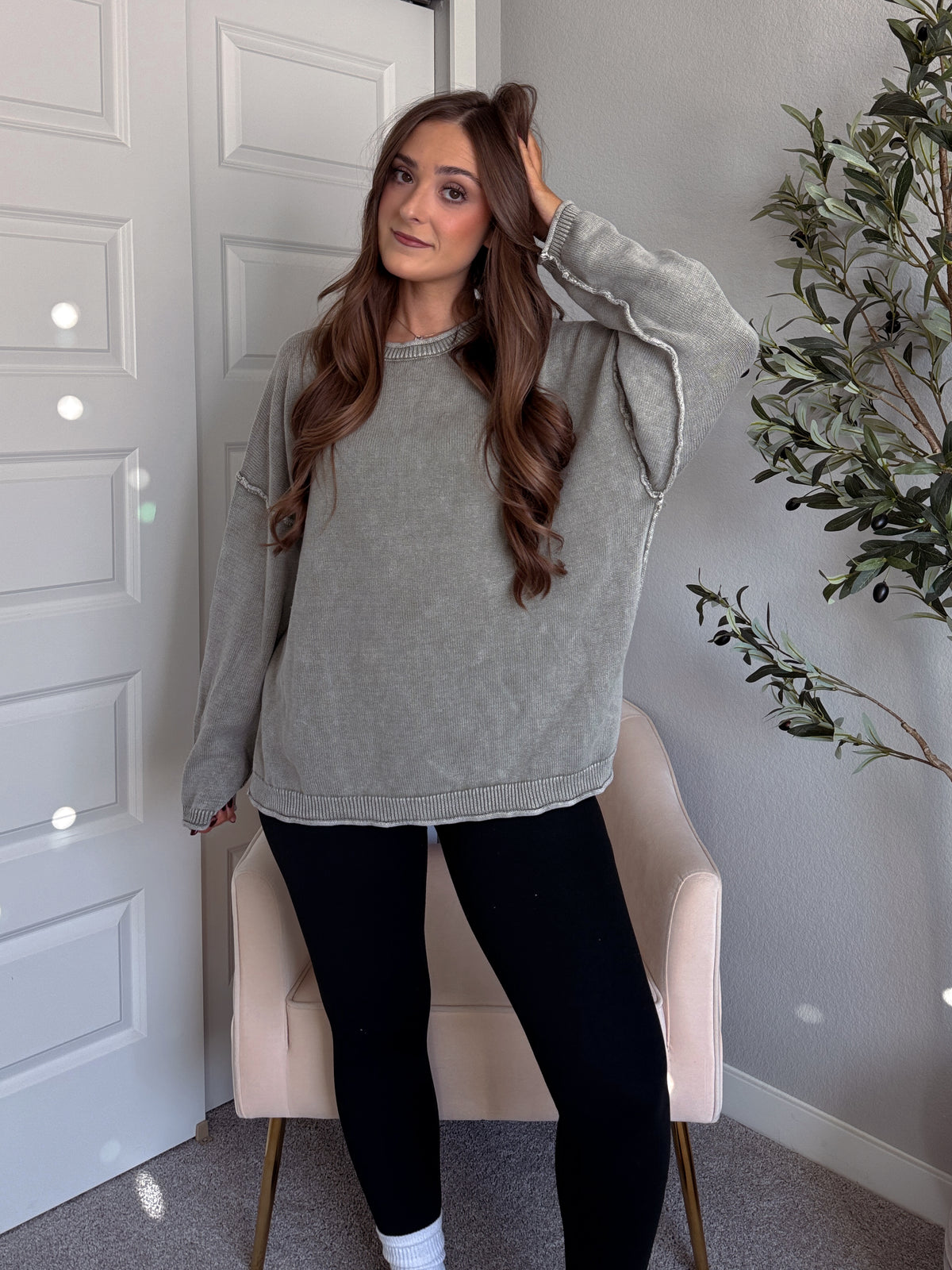 Sagebrush Washed Cotton Oversized Crew Neck Sweater (Sage)