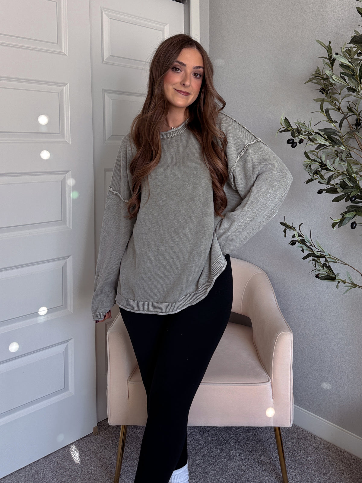 Sagebrush Washed Cotton Oversized Crew Neck Sweater (Sage)