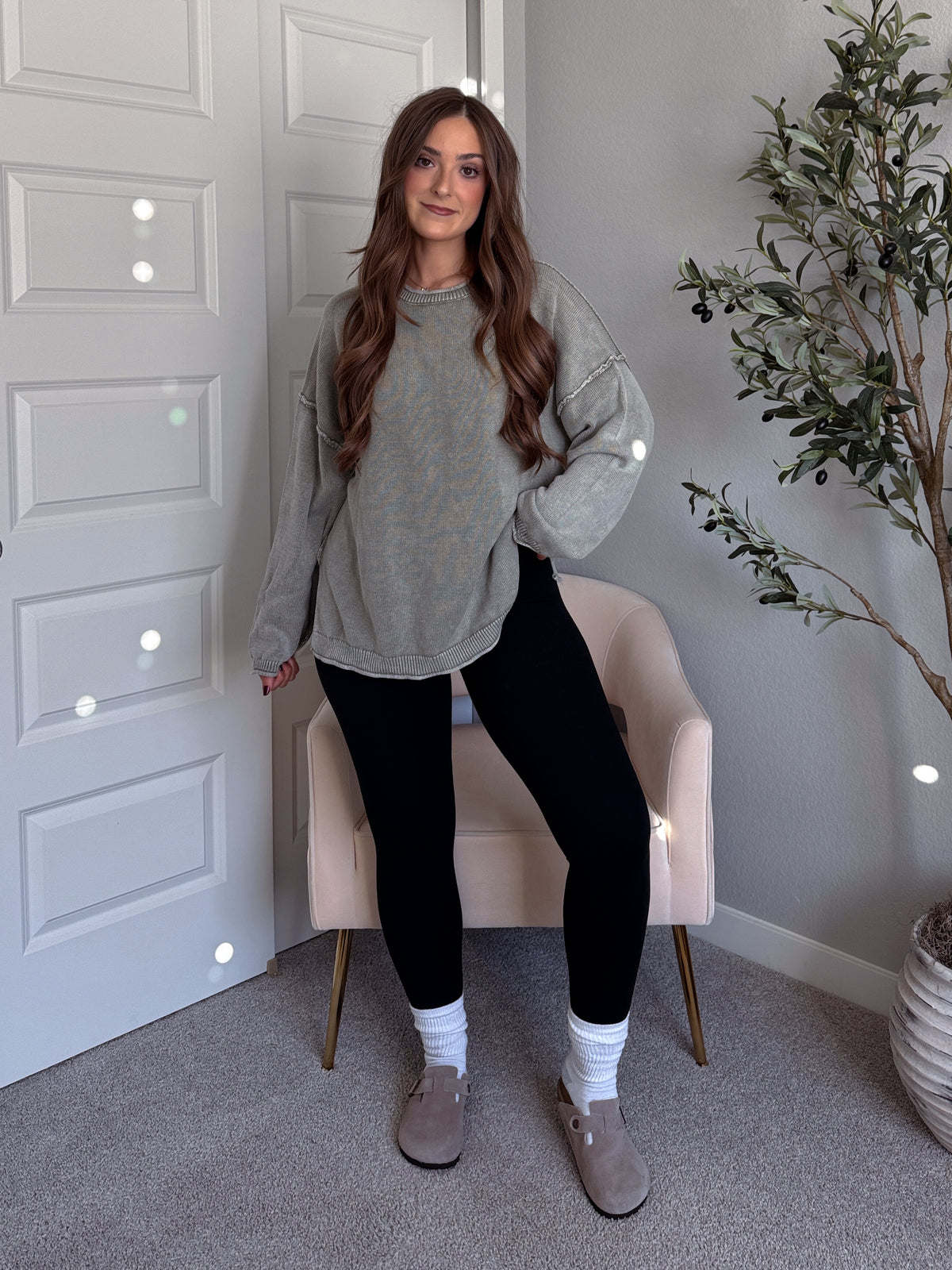 Sagebrush Washed Cotton Oversized Crew Neck Sweater (Sage)