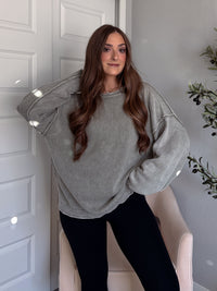 Sagebrush Washed Cotton Oversized Crew Neck Sweater (Sage)
