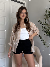 Savannah Plaid Oversized Button Down Shirt (Light Taupe)