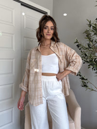 Savannah Plaid Oversized Button Down Shirt (Light Taupe)