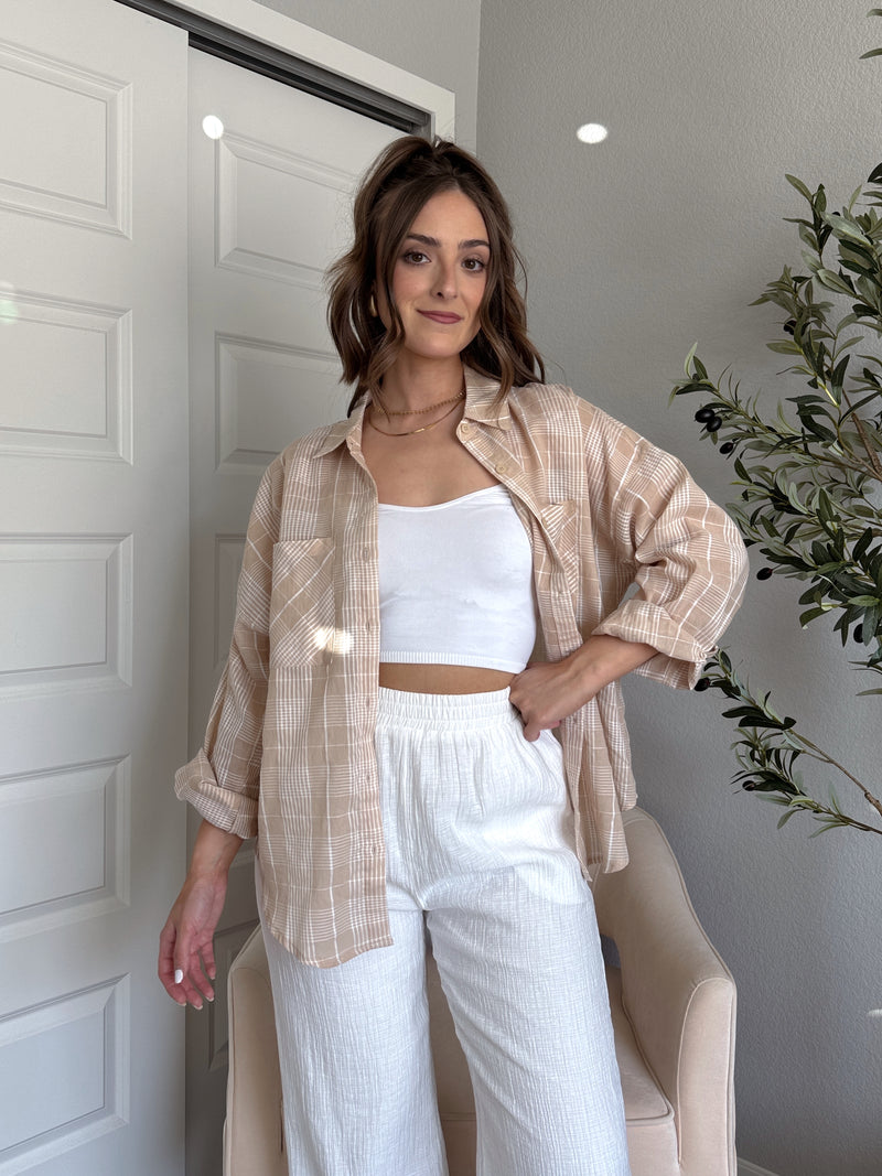 Savannah Plaid Oversized Button Down Shirt (Light Taupe)