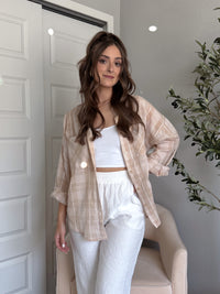 Savannah Plaid Oversized Button Down Shirt (Light Taupe)