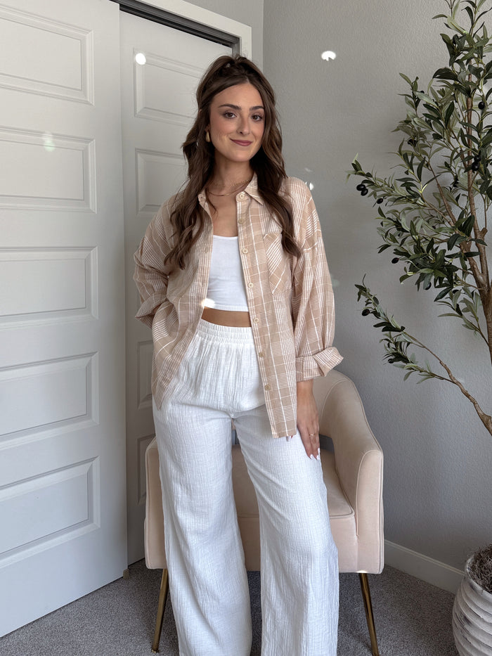 Savannah Plaid Oversized Button Down Shirt (Light Taupe)