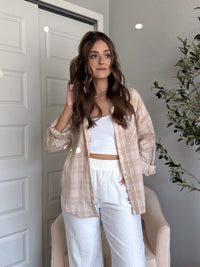 Savannah Plaid Oversized Button Down Shirt (Light Taupe)
