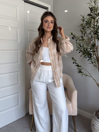Savannah Plaid Oversized Button Down Shirt (Light Taupe)