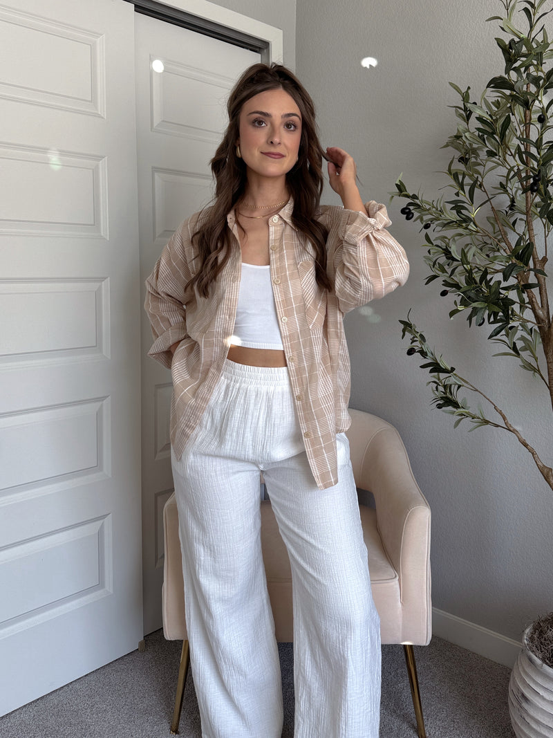 Savannah Plaid Oversized Button Down Shirt (Light Taupe)