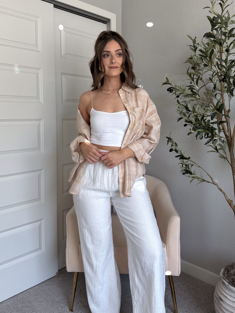 Savannah Plaid Oversized Button Down Shirt (Light Taupe)