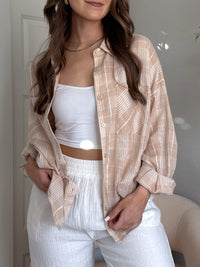 Savannah Plaid Oversized Button Down Shirt (Light Taupe)