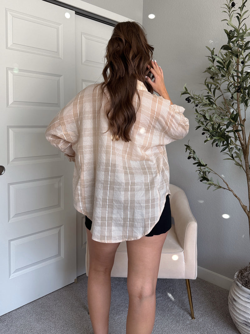 Savannah Plaid Oversized Button Down Shirt (Light Taupe)