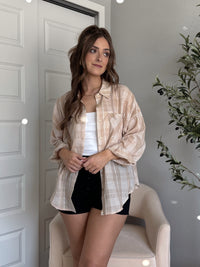 Savannah Plaid Oversized Button Down Shirt (Light Taupe)
