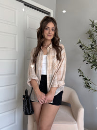Savannah Plaid Oversized Button Down Shirt (Light Taupe)
