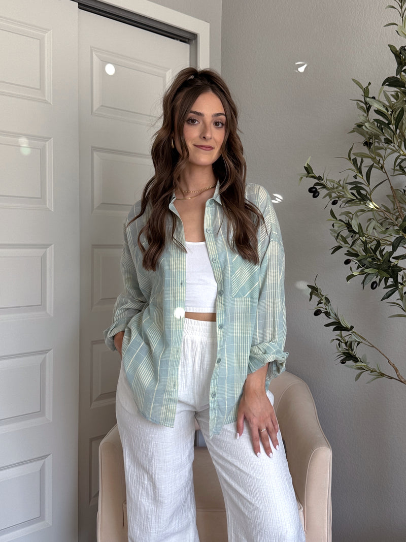Savannah Plaid Oversized Button Down Shirt (Mint)